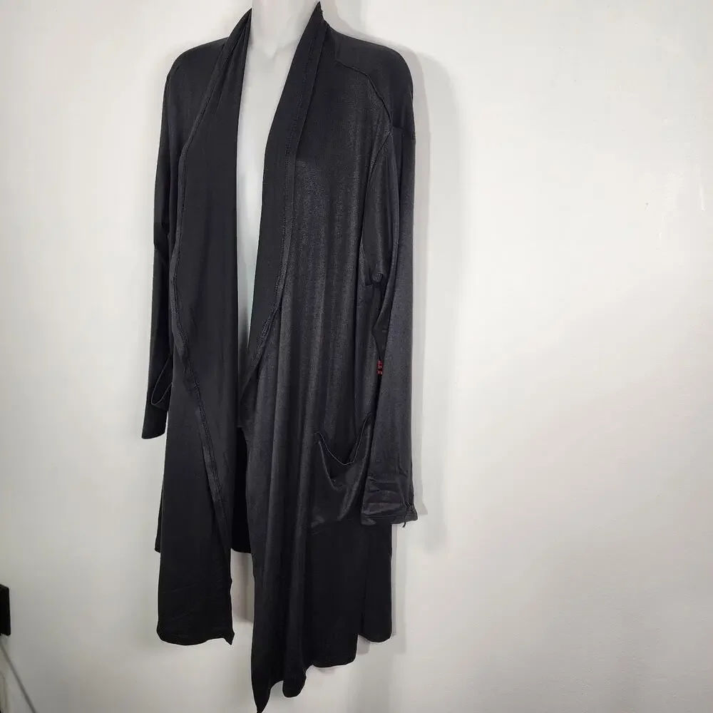 32 Degrees Heat Womens Long Open Cardigan Sweater L/XL Black Pockets Lightweight - Picture 3 of 9